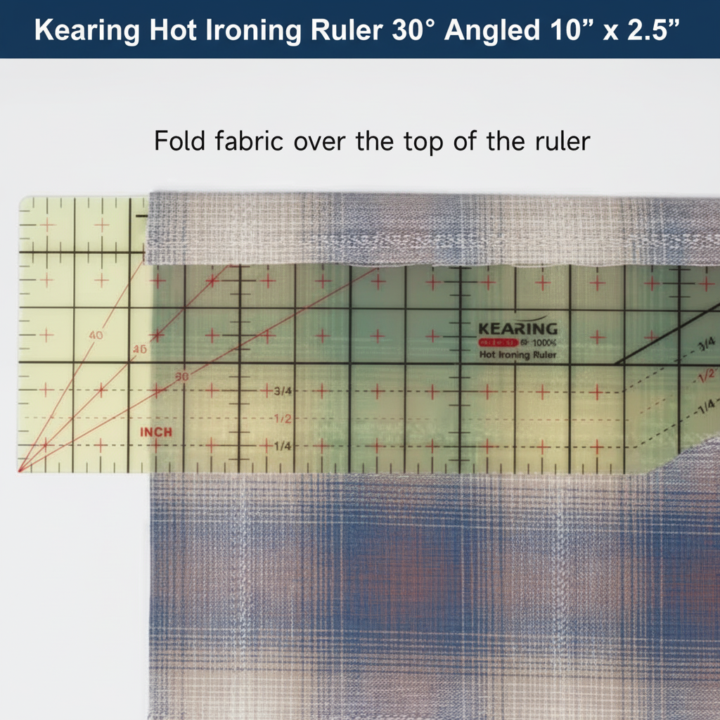 Carmon's Quilt Shop Kearing hot ironing ruler with 30-degree angle and seam guides pressing fabric hem