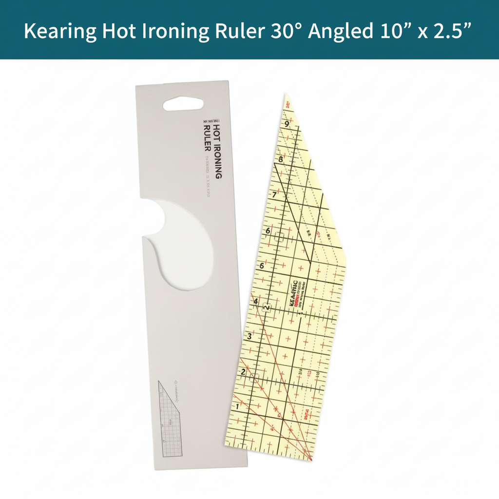 Carmon's Quilt Shop Kearing 10x2.5 inch hot ironing ruler with 30 degree angled edge and seam allowance guides.