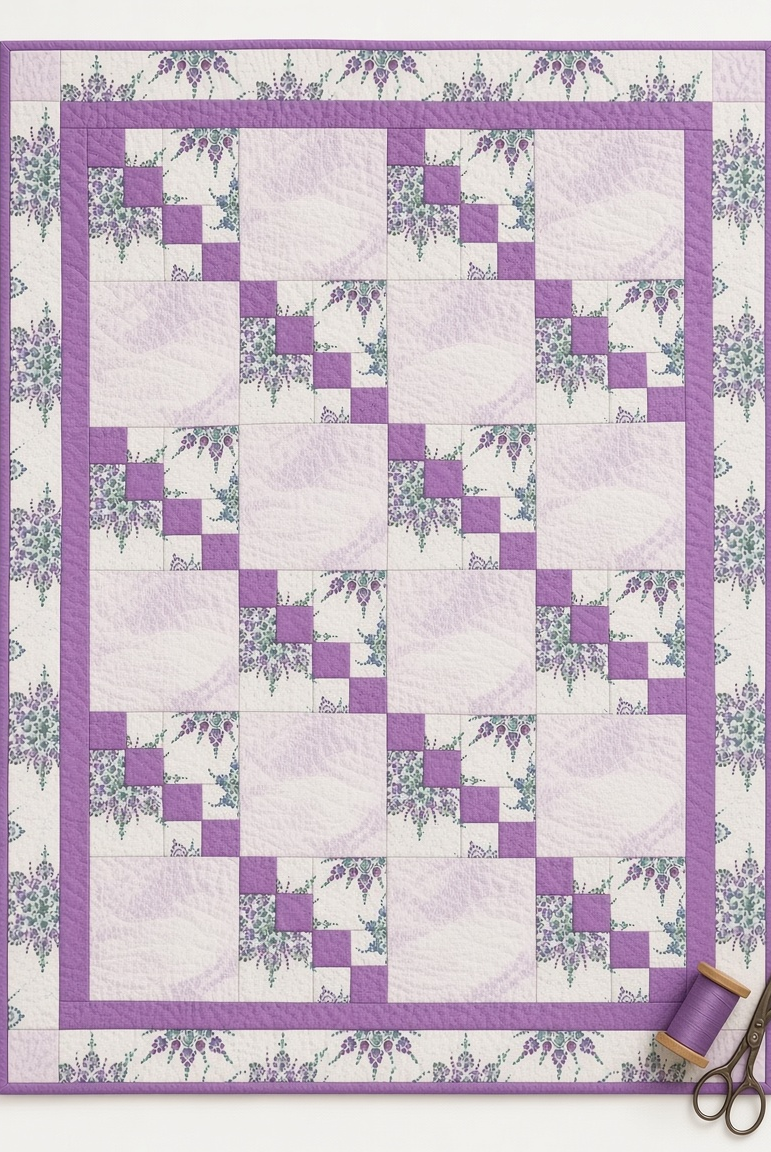 Carmon's Quilt Shop Dragonfly Wonder City Lights lavender quilt kit featuring floral prints and geometric blocks.