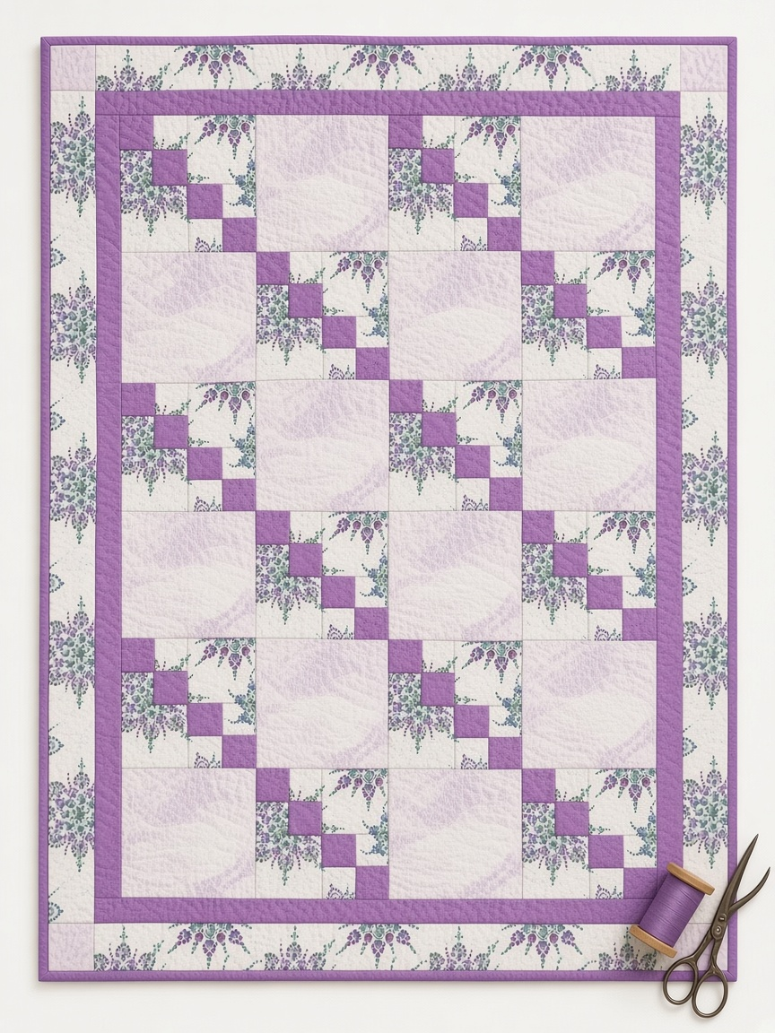 Carmon's Quilt Shop Dragonfly Wonder City Lights lavender quilt kit featuring floral prints and geometric blocks.