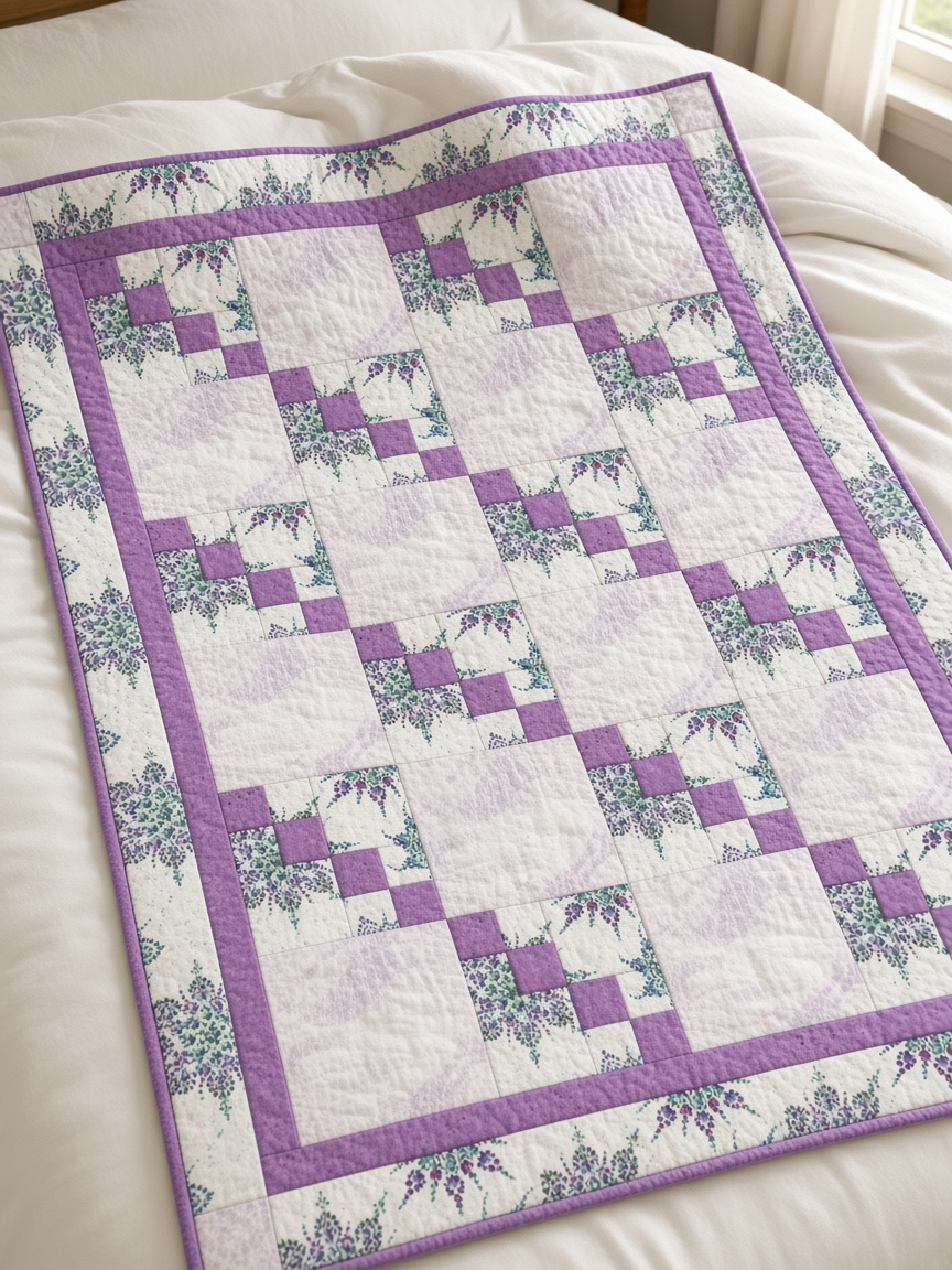 Carmon's Quilt Shop Dragonfly Wonder lavender quilt featuring geometric blocks and floral prints on a white bed.