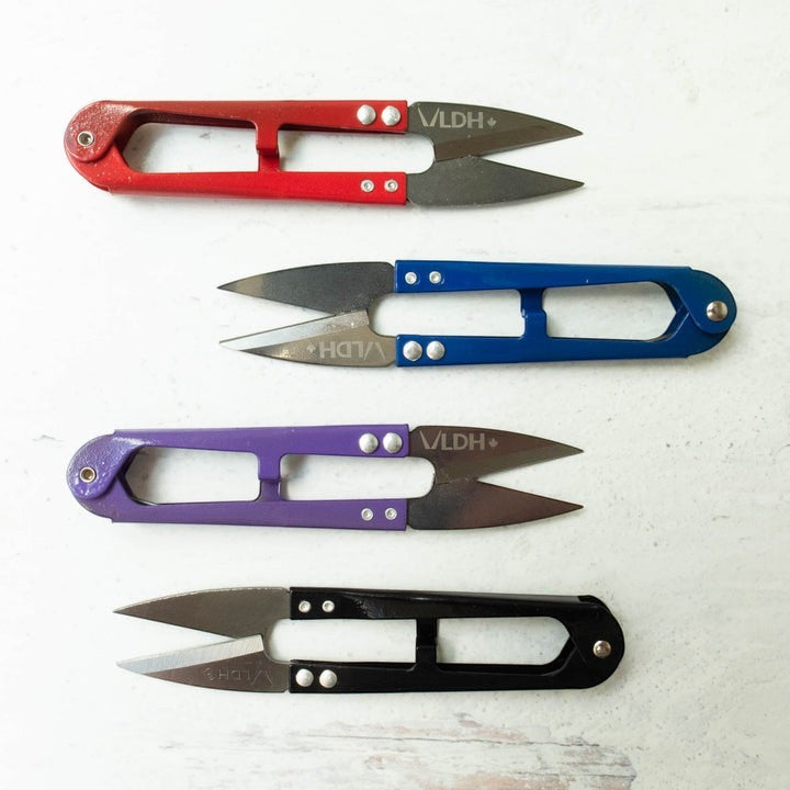 Carmon's Quilt Shop LDH Thread Snips XL in red, blue, purple, and black for precision sewing and quilting.