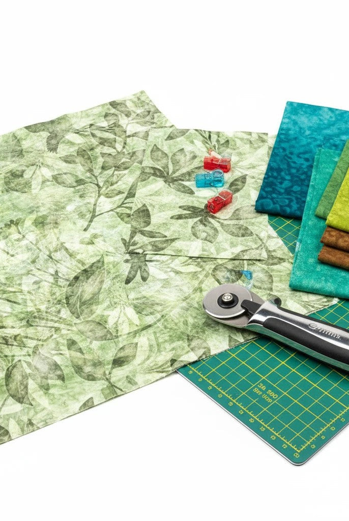 Carmon's Quilt Shop Got Your Back leaf print 108 inch wide cotton fabric with rotary cutter and quilting supplies
