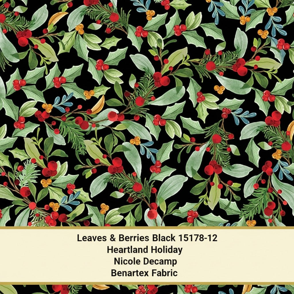 Carmon's Quilt Shop Heartland Holiday Leaves & Berries black quilting cotton fabric with festive botanical print
