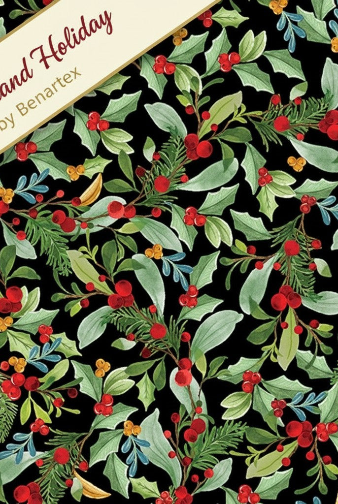 Carmon's Quilt Shop Heartland Holiday Leaves and Berries fabric featuring red berries and green leaves on black cotton