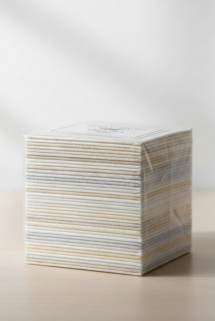 Carmon's Quilt Shop Light As Air 5-inch cotton fabric charm pack squares in a soft, neutral floral color palette.