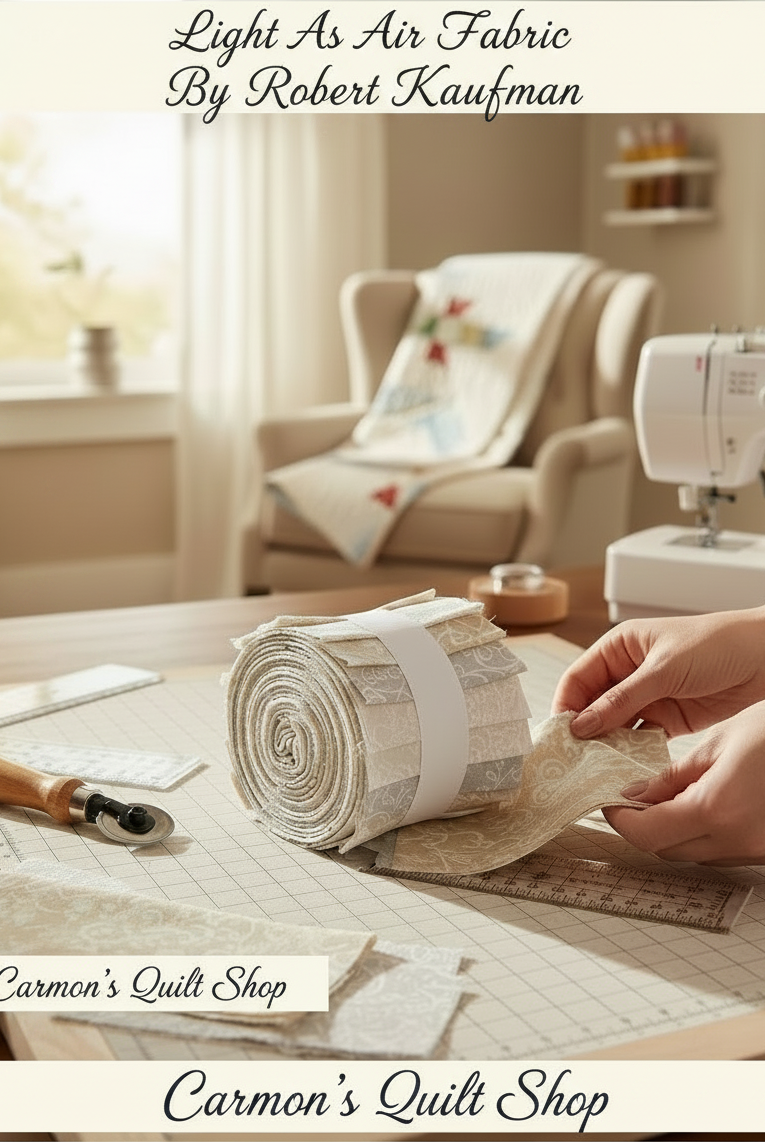 Carmon's Quilt Shop Light As Air cream jelly roll fabric strips on a cutting mat with a rotary cutter and sewing machine