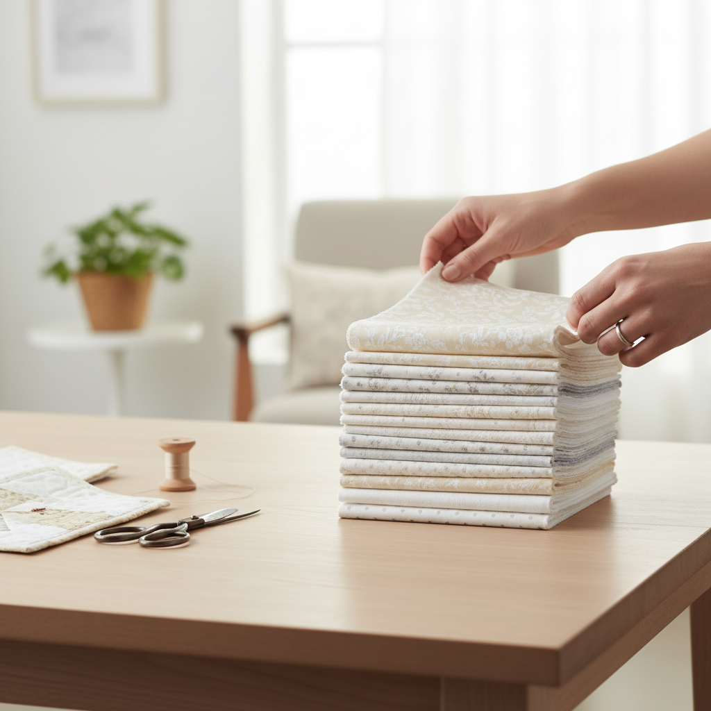 Carmon's Quilt Shop Light As Air 10-inch cotton fabric squares stacked on a table with sewing tools nearby.