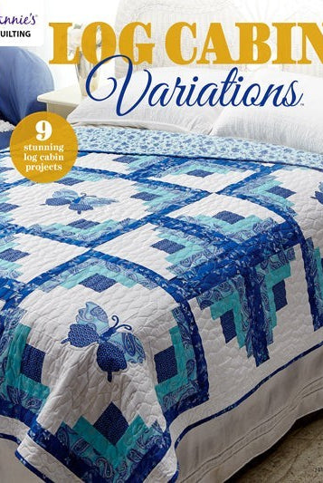 Carmon's Quilt Shop Log Cabin Variations pattern book featuring a blue and white butterfly log cabin quilt design.
