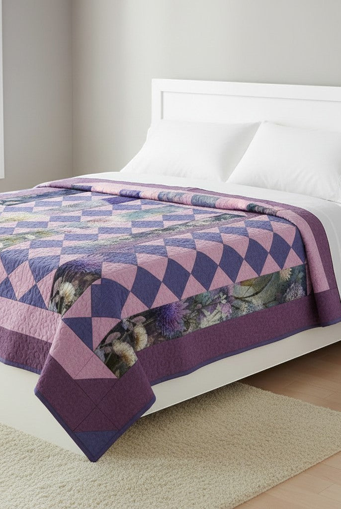 Lovely Flowers Quilt Pattern by Carmon's Quilt Shop featuring floral panels and purple diamond accents on a bed.