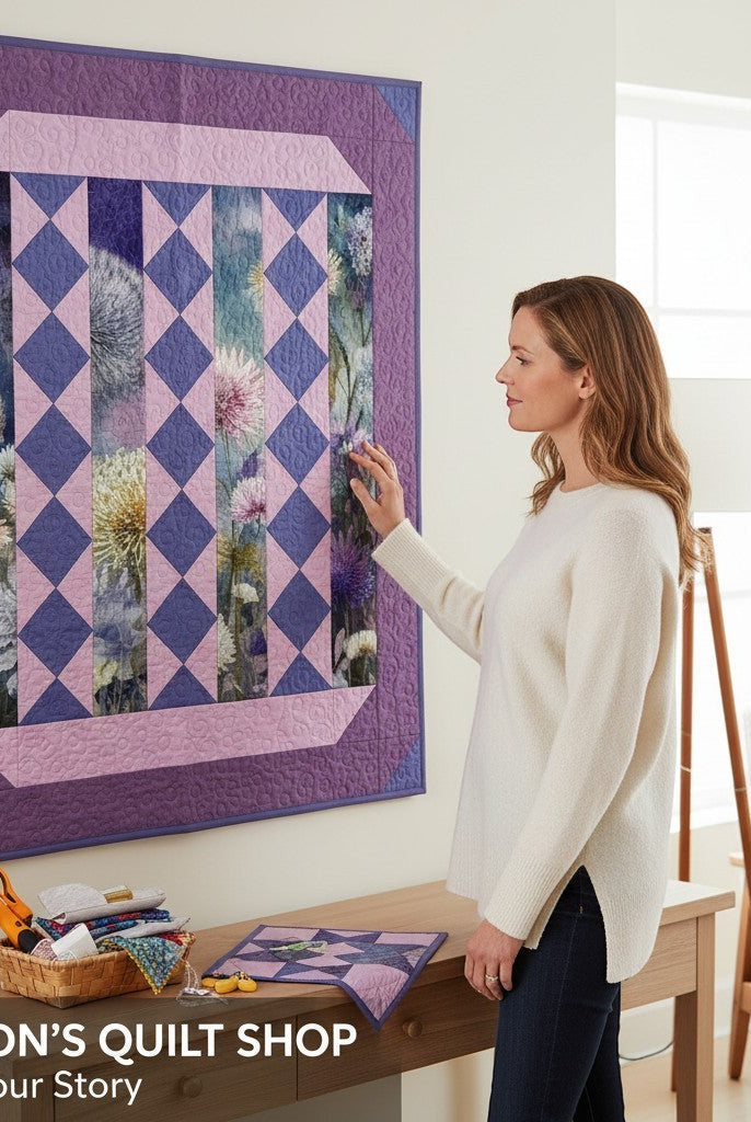 Woman admiring a floral quilt wall hanging from Carmon's Quilt Shop with purple and lavender diamond patterns.
