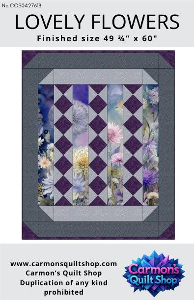 Carmon's Quilt Shop Lovely Flowers quilt pattern featuring floral panels and purple diamond accents on a grey border.