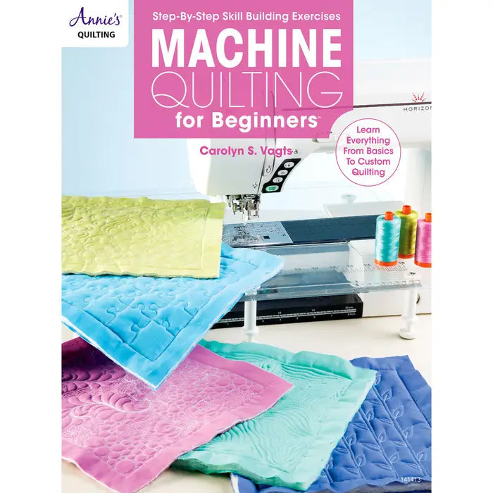 Carmon's Quilt Shop Machine Quilting for Beginners digital book cover featuring quilted fabric samples and sewing machine