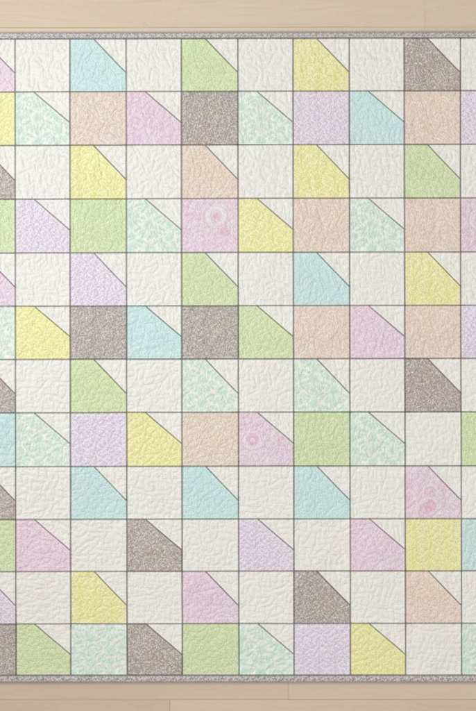 Carmon's Quilt Shop Main Street quilt kit featuring colorful geometric patchwork in soft pastel fabric prints.