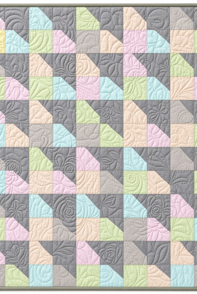 Carmon's Quilt Shop Main Street quilt kit featuring colorful geometric patchwork with floral quilting patterns.