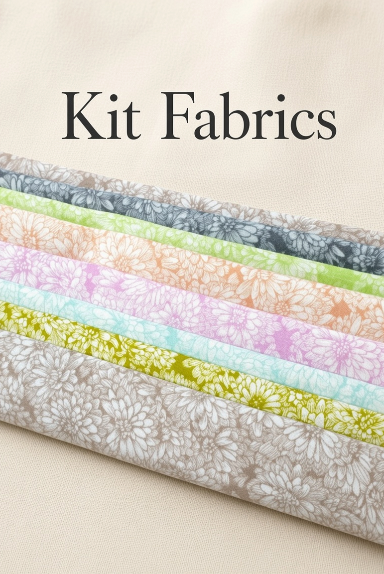 Carmon's Quilt Shop Main Street quilt kit fabrics featuring floral prints in soft pastel and neutral tones.