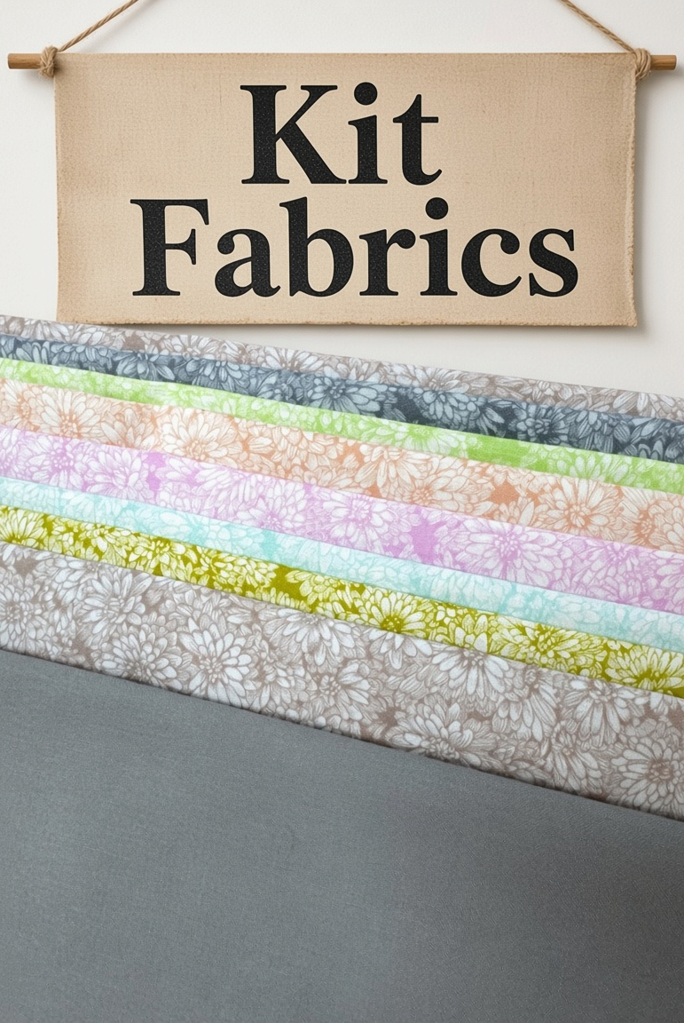 Carmon's Quilt Shop Main Street quilt kit fabrics featuring floral prints in pastel colors and a solid grey fabric.