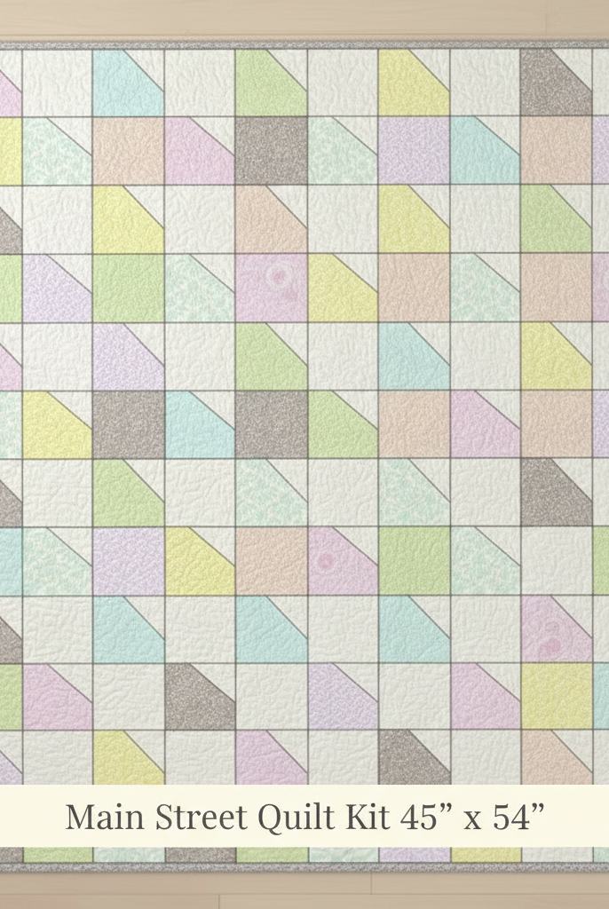 Carmon's Quilt Shop Main Street quilt kit featuring a pastel patchwork design with angled geometric fabric blocks.