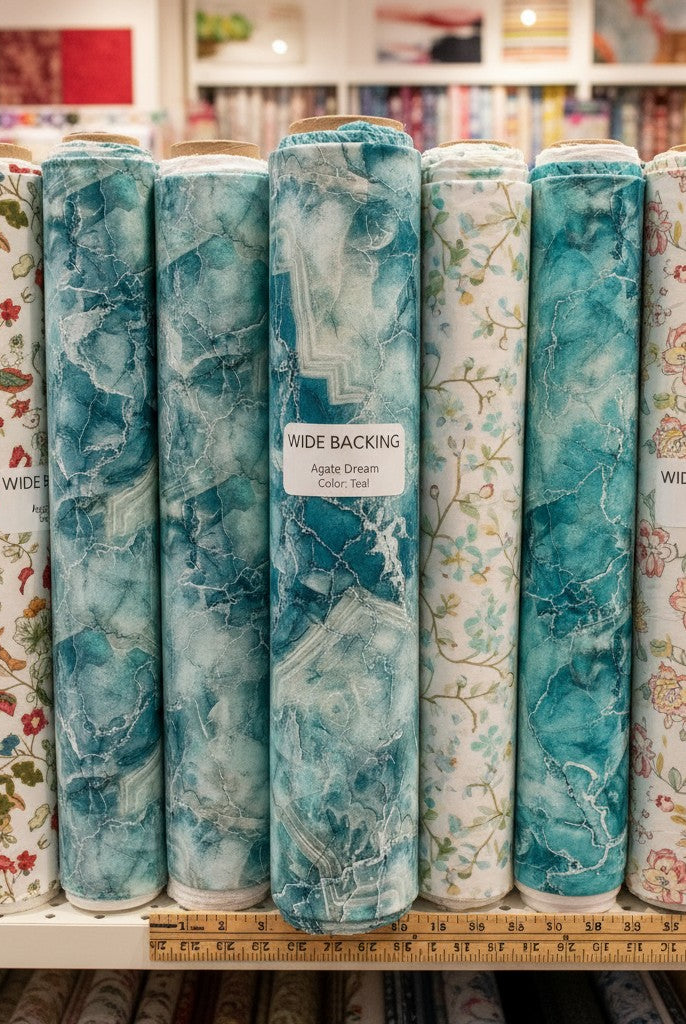 Carmon's Quilt Shop wide backing fabric rolls featuring teal marble and floral patterns on a store shelf.