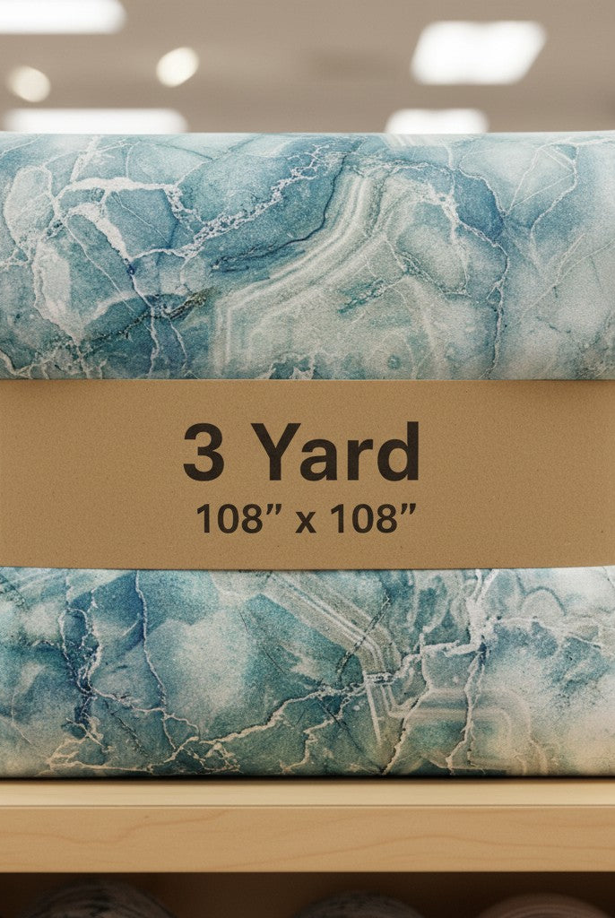 Carmon's Quilt Shop Northcott Smooth Sailing marble pattern quilt fabric in teal and blue, 108-inch wide backing.