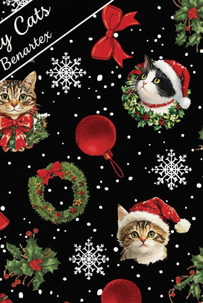 Carmon's Quilt Shop Merry Cats quilting fabric featuring festive cats in Santa hats, holly wreaths, and snowflakes.