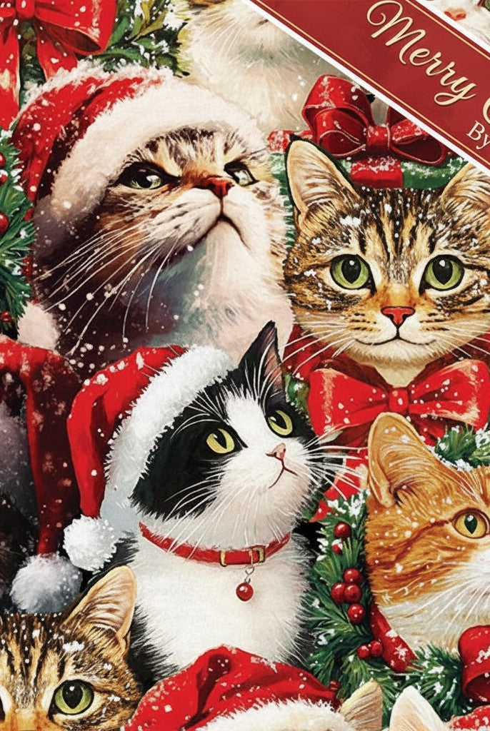 Carmon's Quilt Shop Merry Cats Christmas cotton fabric featuring festive cats in Santa hats and wreaths