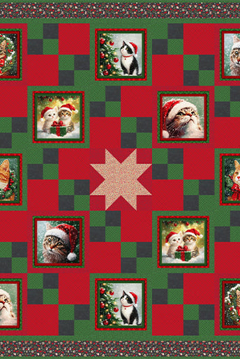 Carmon's Quilt Shop Merry Cats quilt kit featuring festive holiday cats in red and green tartan patchwork design