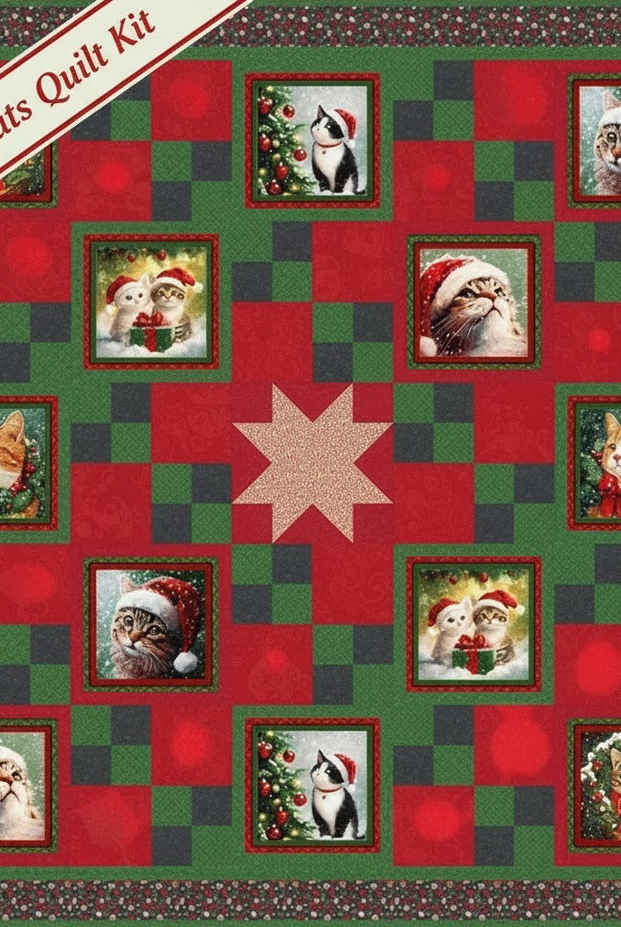 Carmon's Quilt Shop Merry Cats quilt kit featuring festive cats in Santa hats on a red and green patchwork background