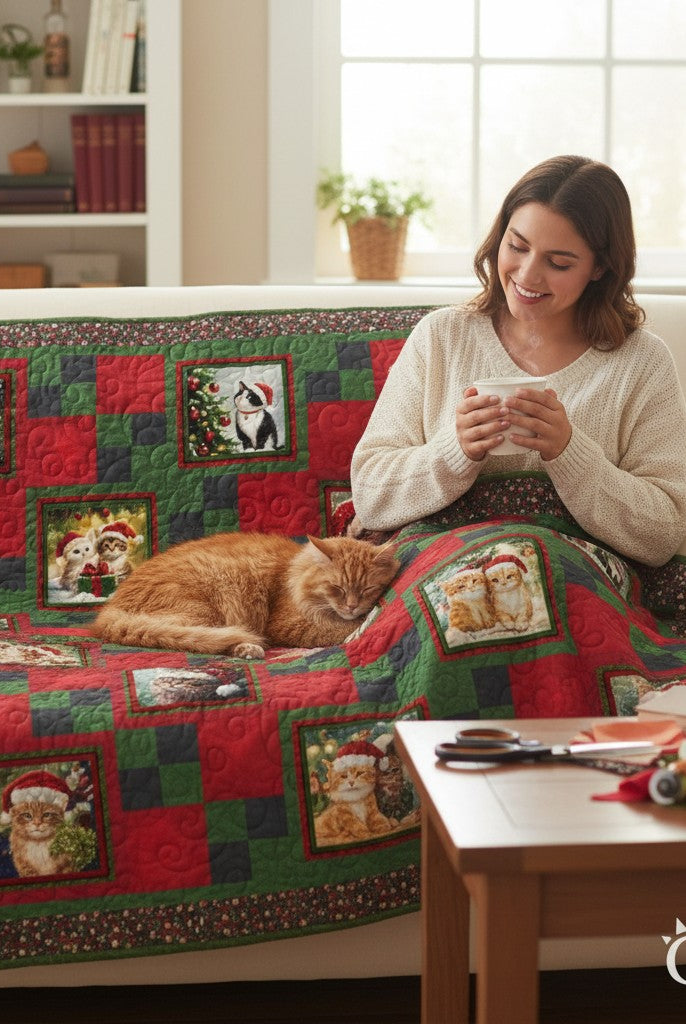 Woman sitting on a sofa with a coffee mug, covered by a Carmon's Quilt Shop Merry Cats Christmas quilt with a cat.