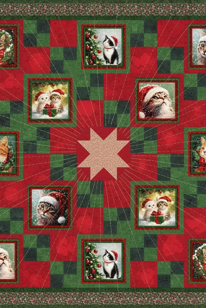 Carmon's Quilt Shop Merry Cats Christmas quilt kit featuring festive cats in red and green tartan patchwork design.
