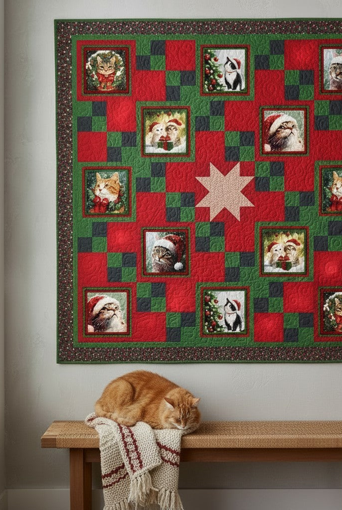 Carmon's Quilt Shop Merry Cats quilt kit featuring festive holiday cats in red and green patchwork on a wall.