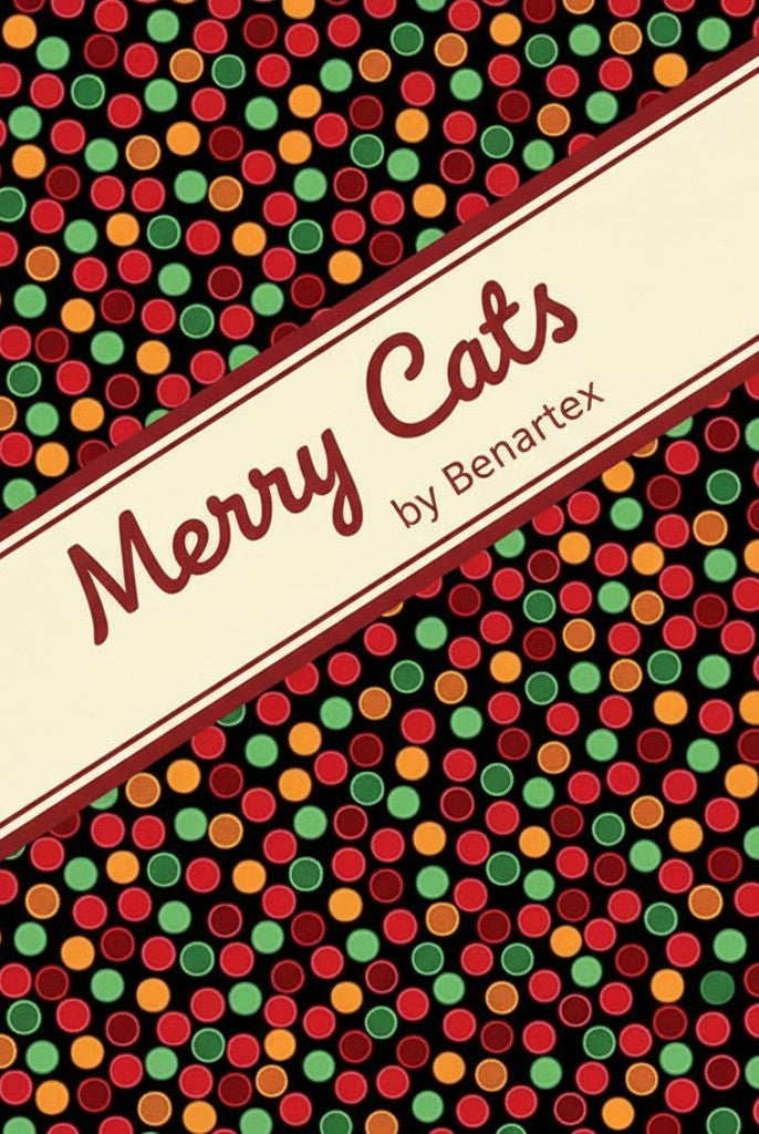Carmon's Quilt Shop Merry Cats fabric bundle label with festive red, green, and orange polka dot background