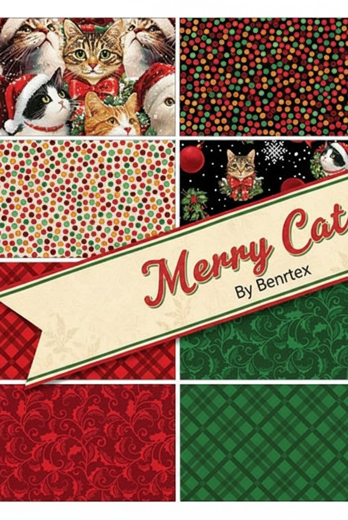 Carmon's Quilt Shop Merry Cats 8-piece fat quarter bundle featuring festive Christmas cat and holiday pattern fabrics.