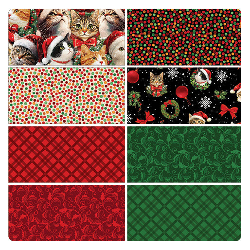Carmon's Quilt Shop Merry Cats 8-piece fat quarter bundle featuring festive Christmas cat prints and holiday patterns.