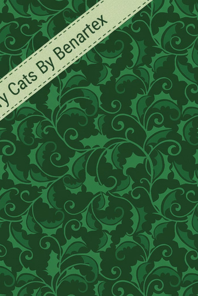 Carmon's Quilt Shop Merry Cats by Benartex green cotton fabric with a dark green holly leaf and scroll pattern