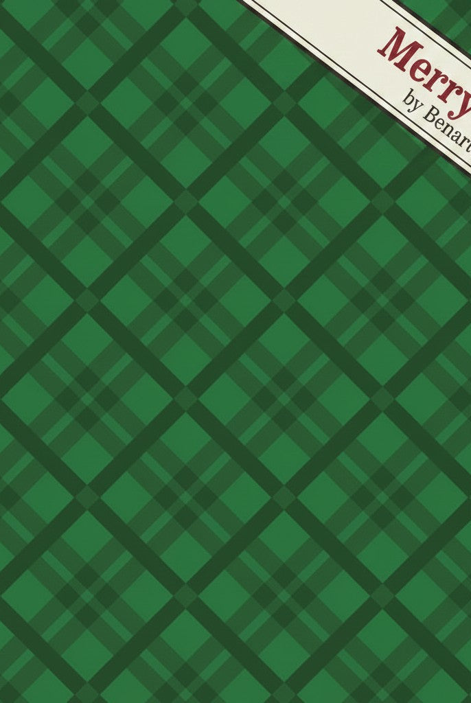 Carmon's Quilt Shop Merry Cats fabric bundle featuring a green plaid pattern with a branded diagonal label