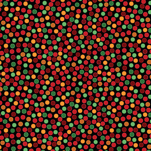 Carmon's Quilt Shop Merry Cats quilting cotton fabric featuring a festive multi-colored polka dot pattern on black