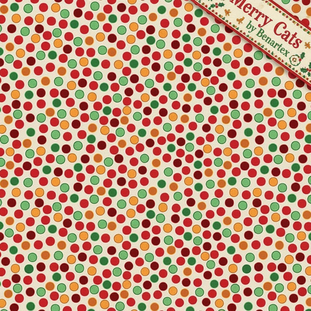 Carmon's Quilt Shop Merry Cats quilting cotton fabric featuring a festive multi-colored polka dot pattern on cream