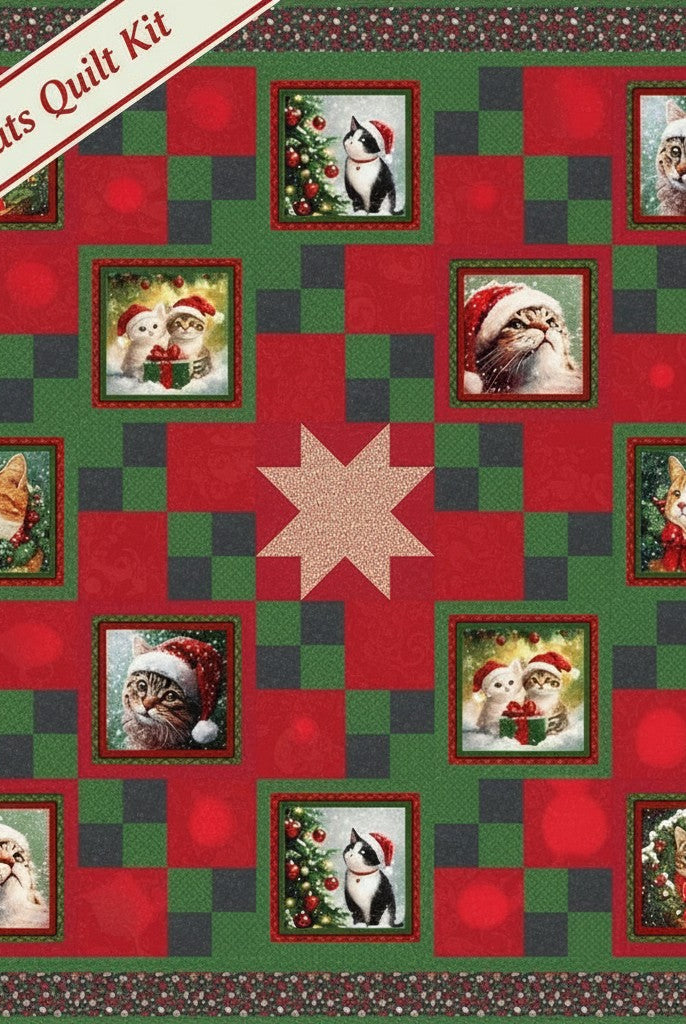 Carmon's Quilt Shop Merry Cats quilt kit featuring festive holiday cats in a 68-inch square pieced design.