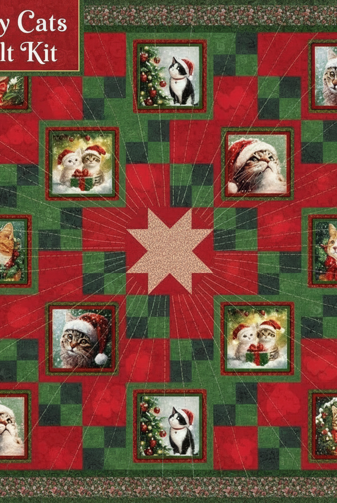 Carmon's Quilt Shop Merry Cats quilt kit featuring festive holiday cats in red and green patchwork with a star center