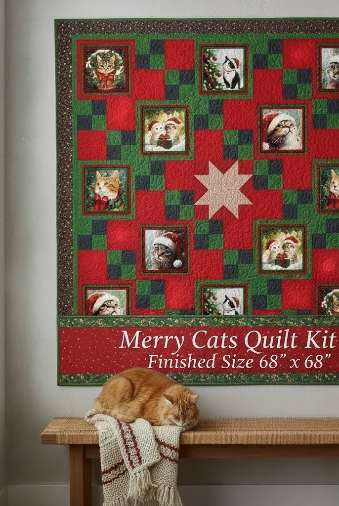 Carmon's Quilt Shop Merry Cats quilt kit featuring festive cat portraits in red and green holiday fabric squares.