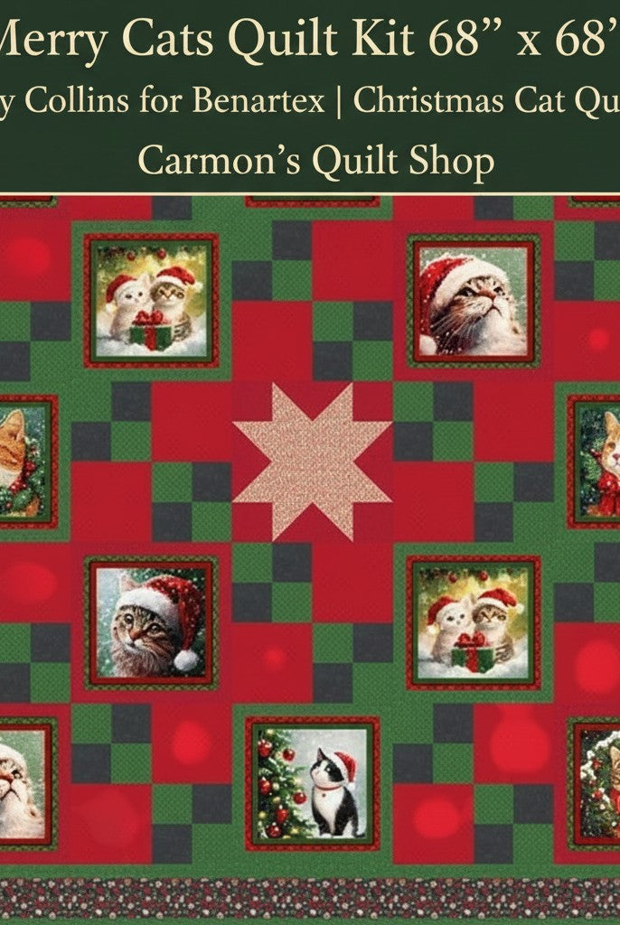 Carmon's Quilt Shop Merry Cats quilt kit featuring festive cat panels, red and green patchwork, and holiday prints.