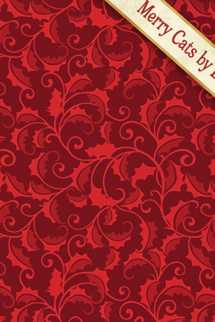 Carmon's Quilt Shop Merry Cats red holly leaf patterned quilting cotton fabric with elegant swirling design
