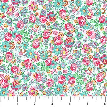 Carmon's Quilt Shop Quilting in Bloom mini rose white floral cotton fabric with pink and teal flowers