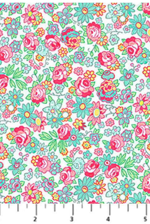 Carmon's Quilt Shop Quilting in Bloom mini rose white cotton fabric with vibrant pink and teal floral pattern