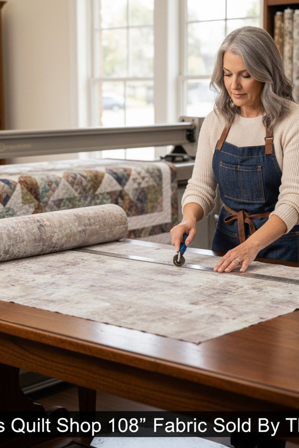 Carmon's Quilt Shop woman cutting mottled gray 108-inch wide 100% cotton quilting fabric on a wooden table.