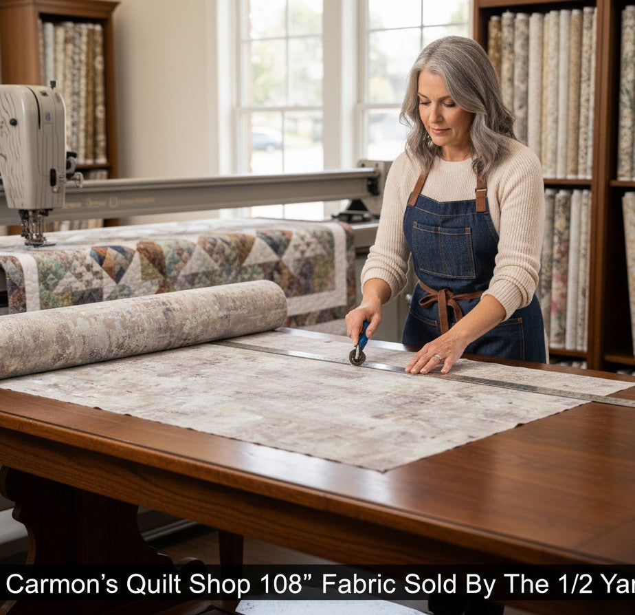 Carmon's Quilt Shop woman cutting mottled gray 108-inch wide 100% cotton quilting fabric on a wooden table.