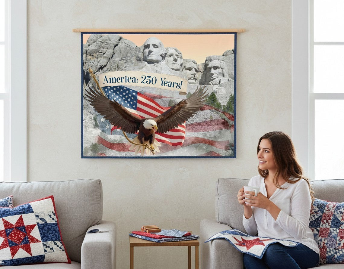 Carmon's Quilt Shop America 250 Years Mount Rushmore cotton fabric panel featuring a bald eagle and American flag.