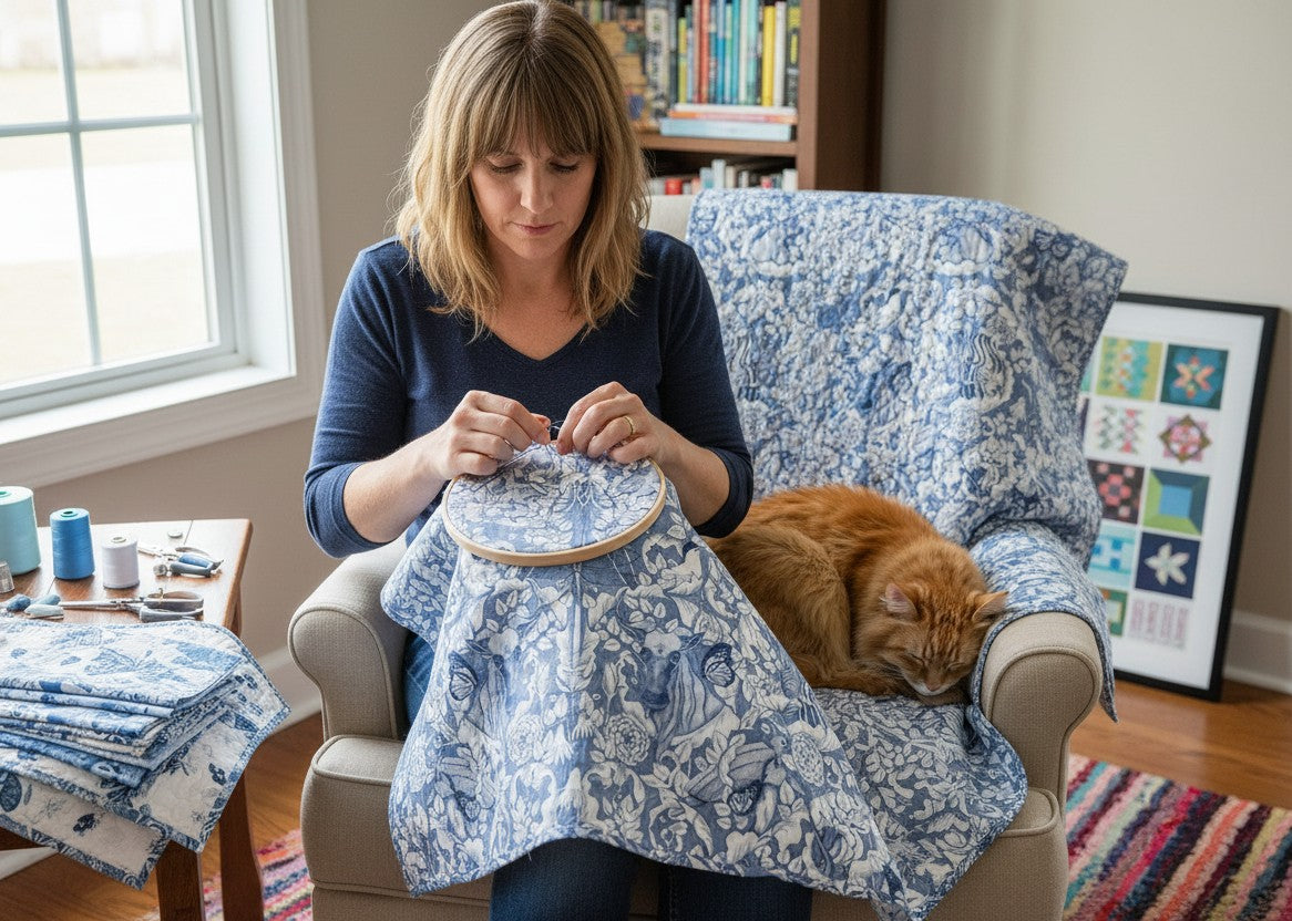 Carmon's Quilt Shop Mythic Forest blue cotton fabric with animal and floral patterns being used for hand embroidery.
