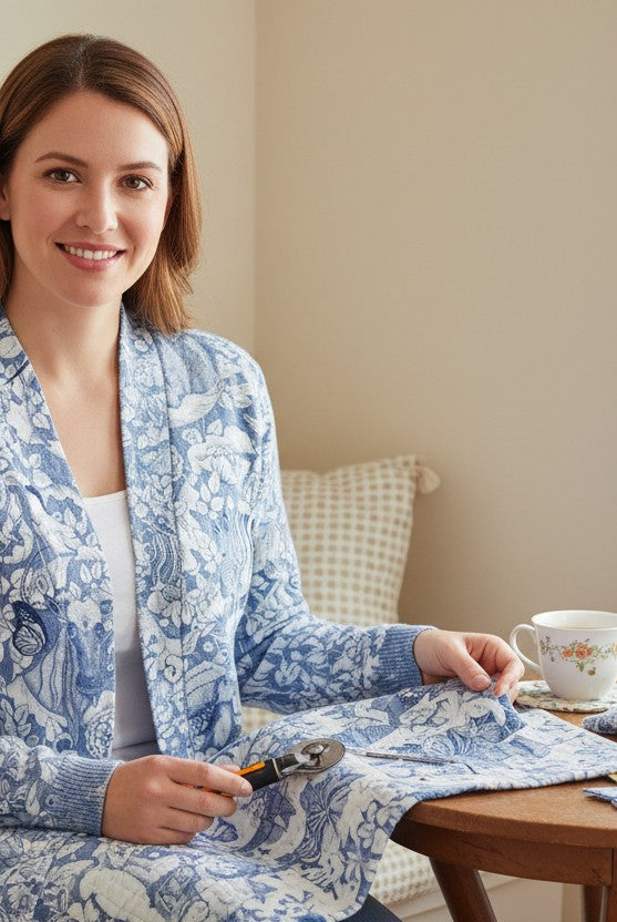 Carmon's Quilt Shop Mythic Forest blue floral cotton fabric shown as a cardigan worn by a woman at a wooden table.